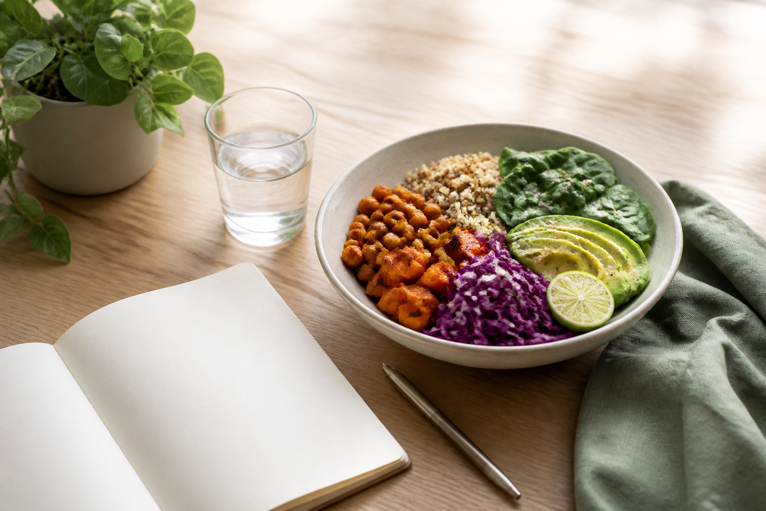 A balanced vegetarian meal, water and an open notebook representing practical everyday wellbeing